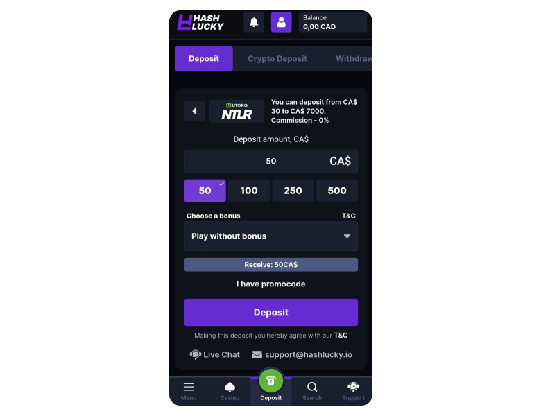Deposit page using Neteller at online casino